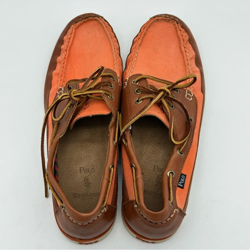 Polo by Ralph Lauren Coral Canvas and Brown Leather Boat Shoes with White Sole
